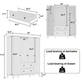 ECACAD 4 Door Wardrobe Closet Armoire with 2 Drawers, Multi-Tier Storage Shelves & Hanging Rods, 63”W Wooden Clothes Storage Cabinet with Solid Legs for Bedroom, White ECACAD