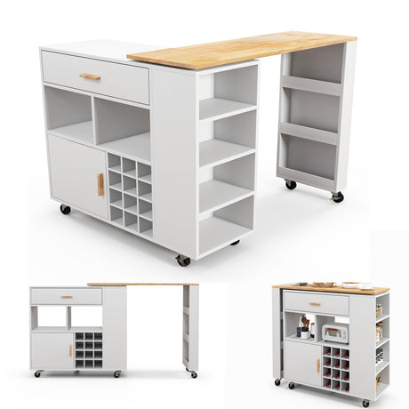 Giantex Mobile Kitchen Island Cart, 4-in-1 Reversible Serving Cart Bar Table Combo, Storage Cart on Wheels w/Rubber Wood Top, Adjustable Shelf, 12-Bottle Wine Rack, Spice Rack for Dining Room, White Giantex