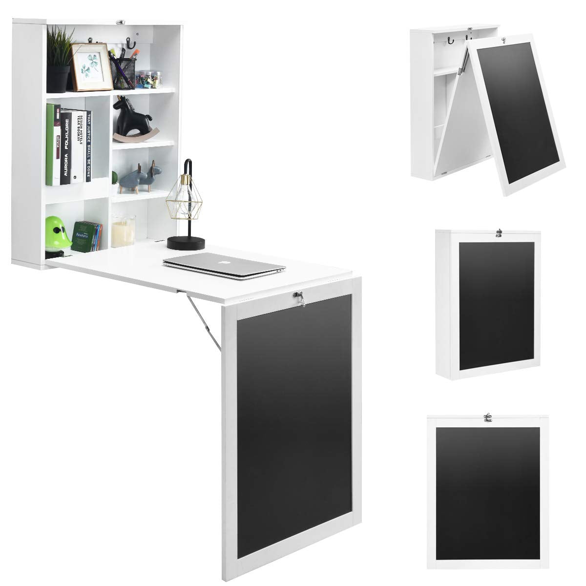 IFANNY Folding Wall Desk, Wall Mounted Fold Out Desk with Storage Shelves & Hooks, Hideaway Desk Wall Mount with Chalkboard, Floating Corner Desk for Small Spaces (White) IFANNY