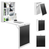 IFANNY Folding Wall Desk, Wall Mounted Fold Out Desk with Storage Shelves & Hooks, Hideaway Desk Wall Mount with Chalkboard, Floating Corner Desk for Small Spaces (White) IFANNY