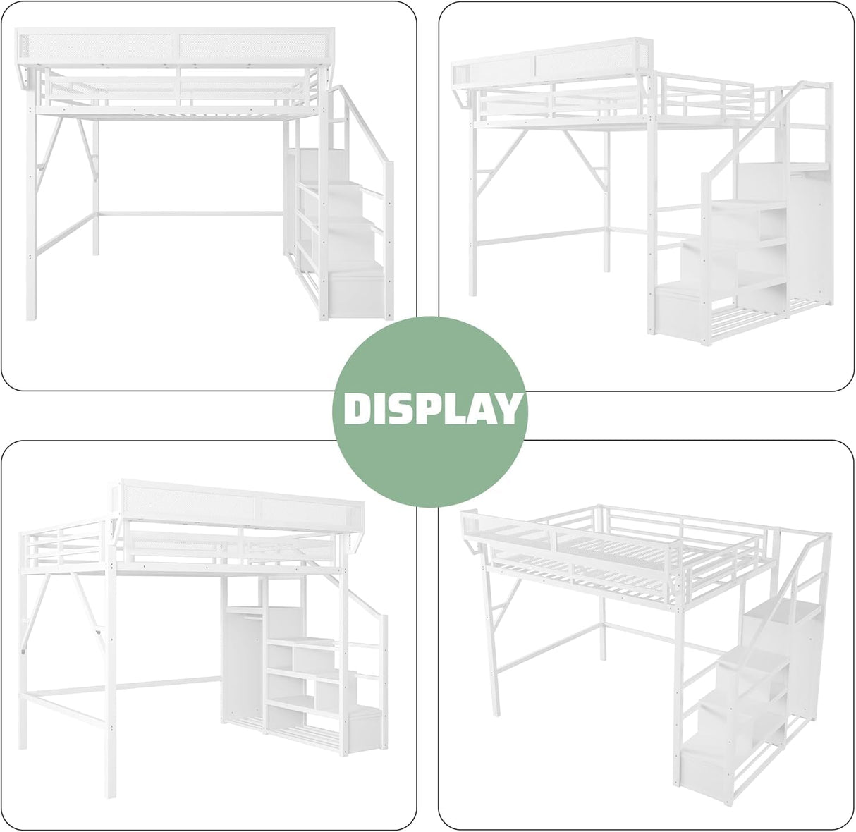 MoproBeti Queen Loft Bed with Stairs, Metal Loft Beds Queen Size Adults with Storage Shelves and Wardrobe, Heavy Duty High LoftBed for Teens, No Box Spring Needed, No Noise,White MoproBeti