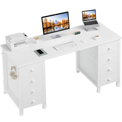 White Computer Desk with Fabric Drawers for Storage, 55 inch Home Office Desk with 8 Fabric Drawers, Writing Study Desk with Drawers on Both Sides for Bedroom