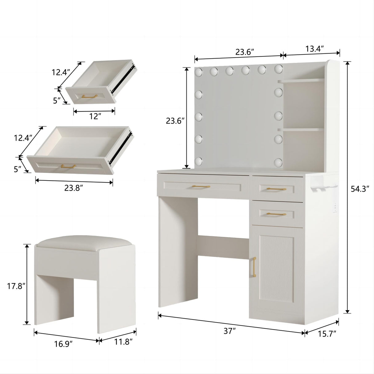 WXBOOM Vanity Desk with Mirror and Lights, 37" Makeup Vanity with Bulbs & Power Outlet, 3 Colors Lighting Adjustable Brightness, Dressing Table with Cushioned Chair and Cabinet, 3 Drawers, White WXBOOM