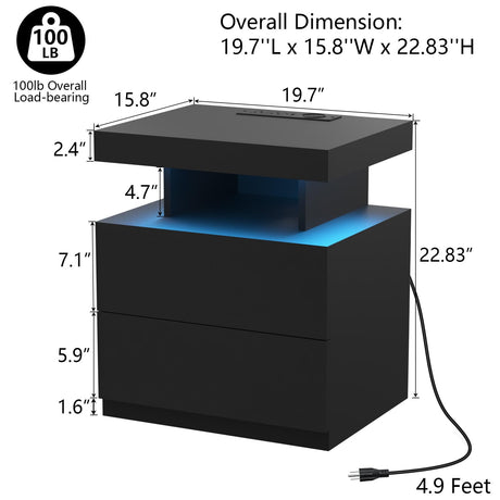 HOMMPA LED Nightstand with Wireless Charging Station & USB Ports, Modern Bedside Table, Black Night Stand with Open Compartment, Smart Nightstand High Gloss Surface for Bedroom HOMMPA