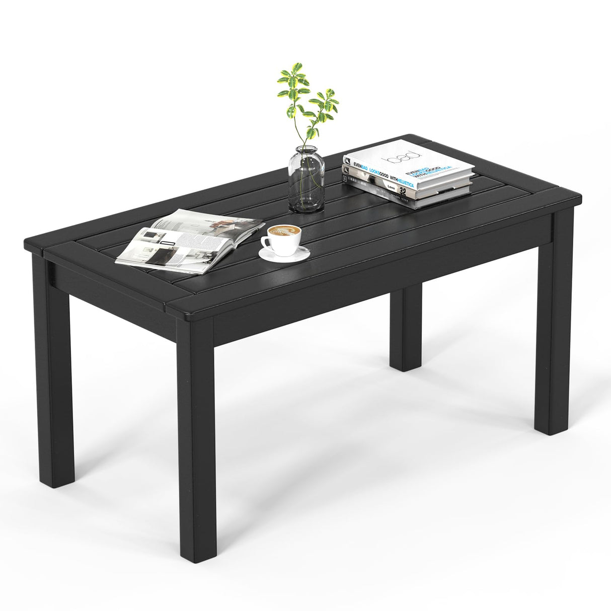 VINGLI Outdoor Coffee Table, HDPE Patio Coffee Table for Outside, All-Weather Rectangle Coffee Table for Deck, Garden, Balcony, Porch, Indoor & Outdoor Use (Black) VINGLI
