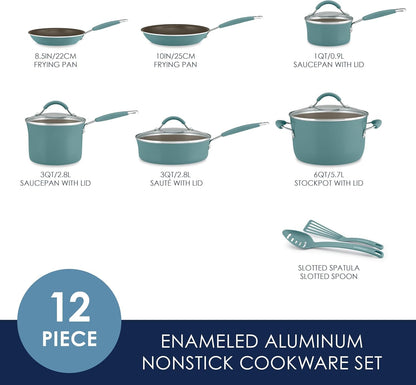 Rachael Ray Cucina Nonstick Cookware Pots and Pans Set, 12 Piece, Agave Blue