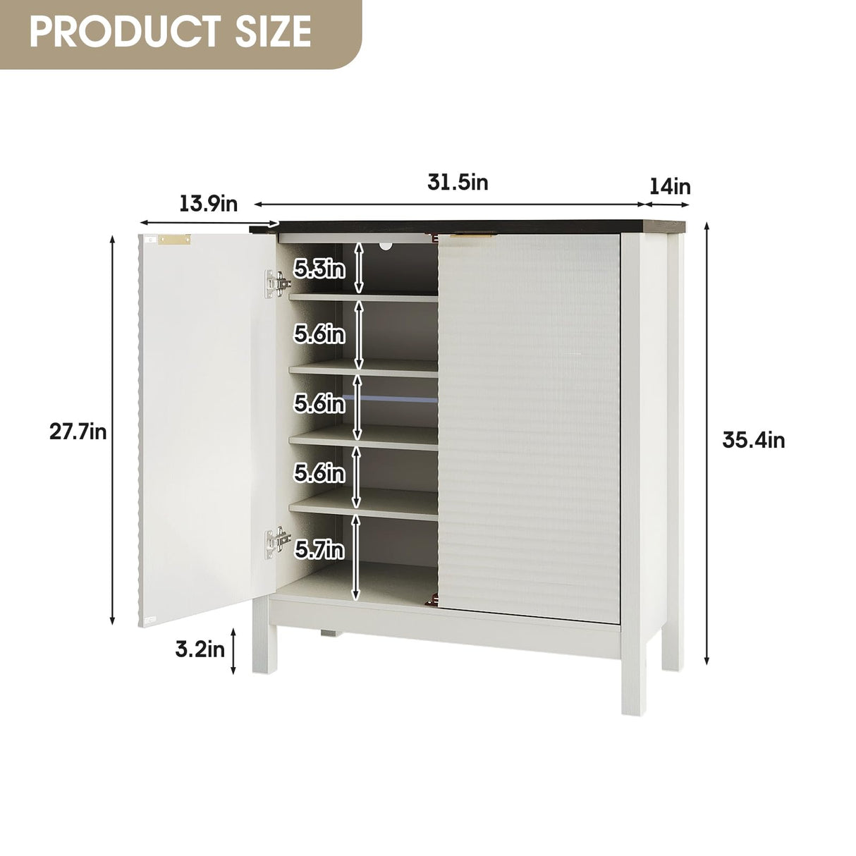 Maupvit 5-Tier Shoe Cabinet with Fluted Doors, Farmhouse Storage Cabinet with Adjustable Shelves, Wooden Shoe Rack Organizer Cabinet for Entryway, Foyer, Hallway, Living Room, White Maupvit