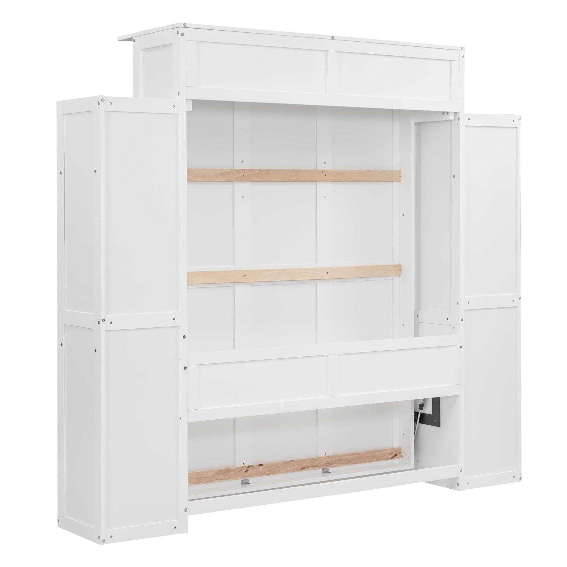 SOFTSEA Full-Size Murphy Bed Wardrobe with Shelves & LED Lights, Space-Saving Wood Frame in White - WoodArtSupply