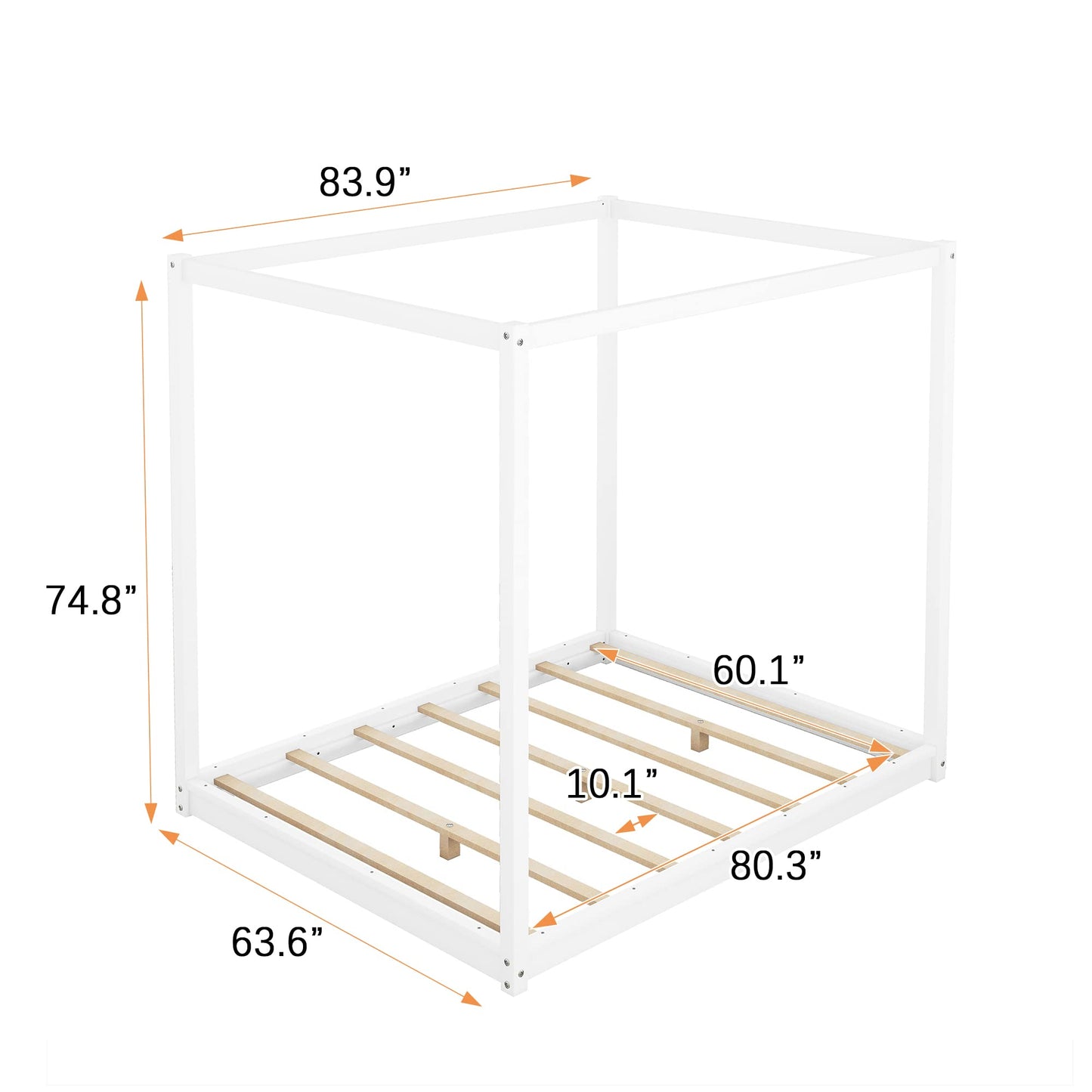 Bellemave 4-Poster Canopy Floor Bed Frame Queem Size Wood Low Profile Platform Beds with Wooden Slats Support, No Box Spring Needed, White, Queen