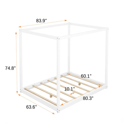 Bellemave 4-Poster Canopy Floor Bed Frame Queem Size Wood Low Profile Platform Beds with Wooden Slats Support, No Box Spring Needed, White, Queen