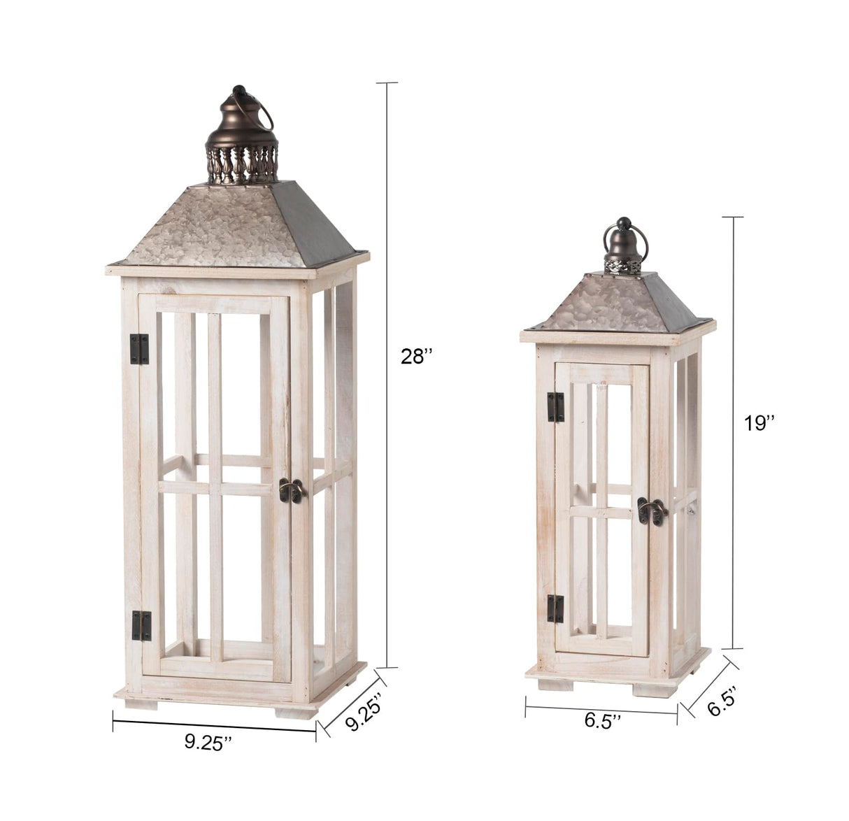 TIMRIS Large Rustic Wooden Decorative Lantern Set of 2, Modern Farmhouse Distressed Whitewash Floor Candle Lanterns, Indoor/Outdoor Hanging Lanterns for Home Decor (No Glass) TIMRIS