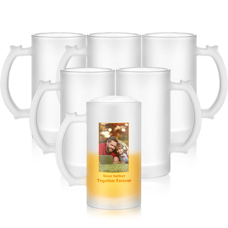 Mifoci 6 Pcs Frosted Beer Mugs for Sublimation 16 oz Blank Glass Cups Can Add Photo Text or Images on Personalized Beer Glass for Husband Dad Men for Oktoberfest Halloween Christmas Gift Mifoci