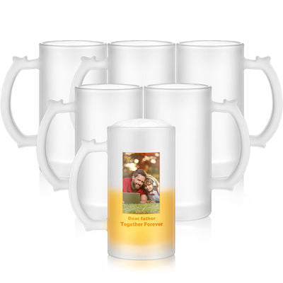 Mifoci 6 Pcs Frosted Beer Mugs for Sublimation 16 oz Blank Glass Cups Can Add Photo Text or Images on Personalized Beer Glass for Husband Dad Men for Oktoberfest Halloween Christmas Gift
