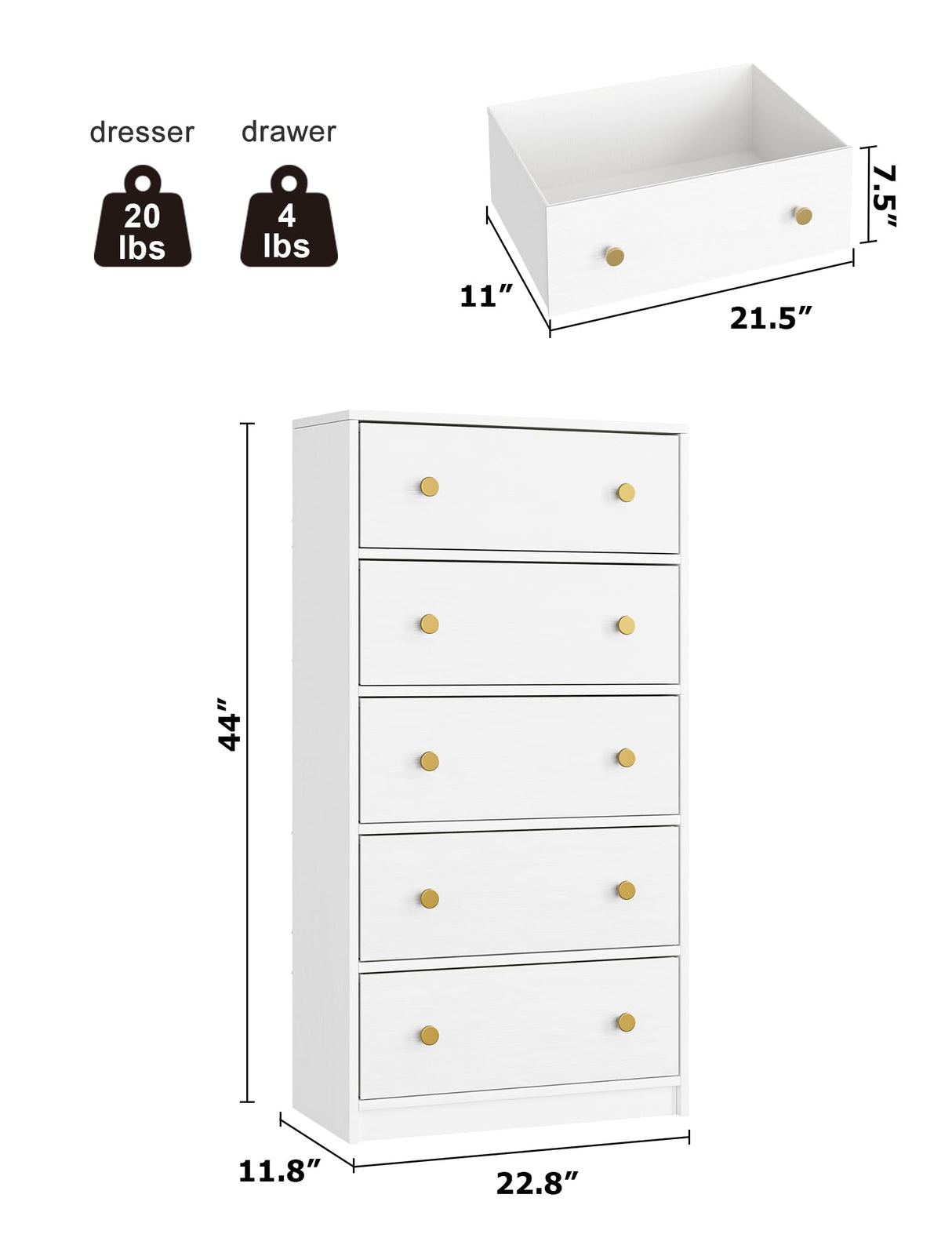 Nicehill White Dresser for Bedroom with 5 Drawers, Fabric Dresser Storage Tower, Chest of Drawers for Closet, Living Room, Hallway, Entryway, Woodeen Dresser（White） Nicehill