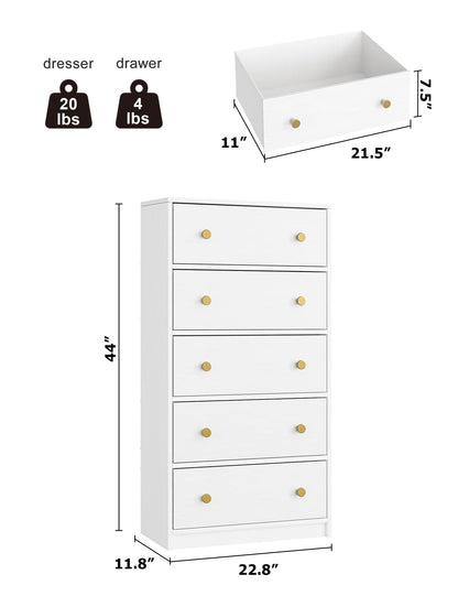 Nicehill White Dresser for Bedroom with 5 Drawers, Fabric Dresser Storage Tower, Chest of Drawers for Closet, Living Room, Hallway, Entryway, Woodeen Dresser（White） - WoodArtSupply