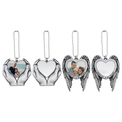 SUPERFINDINGS 4 Sets 2 Styles Alloy Heat Transfer Sublimation Blank Pendant Angel Wing Hands Holding Love Heart Photo Frame Pendant DIY Keychain Decorations