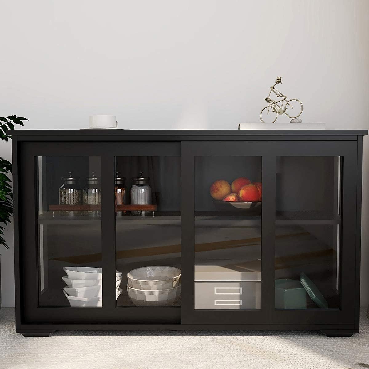 RASOO Buffet Sideboard with Sliding Glas Door and Adjustable Shelf Stackable Kitchen Storage Cabinet Antique Cupboard Home Furniture, Black RASOO