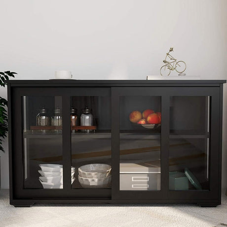 RASOO Buffet Sideboard with Sliding Glas Door and Adjustable Shelf Stackable Kitchen Storage Cabinet Antique Cupboard Home Furniture, Black RASOO