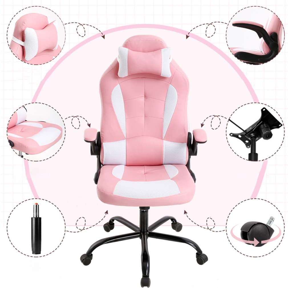 Gaming Chair Office Chair Desk Chair Racing Executive PU Leather Ergonomic Massage Computer Chair with Lumbar Support Headrest Armrest Task Rolling Swivel Chair for Girls, Pink BestOffice