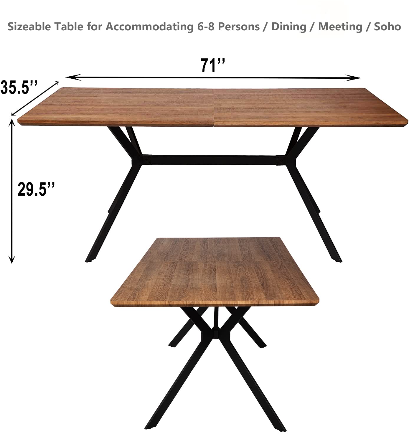 Fadidio 71" Large Dining Table for 6 Person Wood Kitchen Table Dining Room Table Mid Century Modern Cross Metal Led for Cafe Restaurant Home Office Conference Oak Grid Rectangular - WoodArtSupply