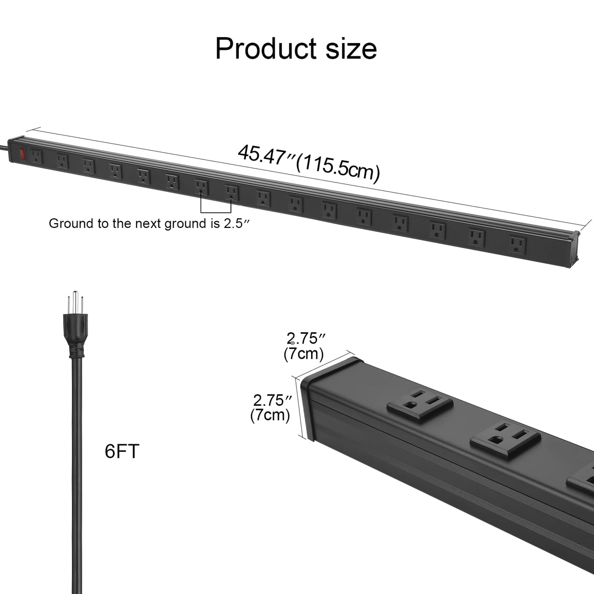 Long Heavy Duty 16 Outlet Large Metal Garage Workshop Multi Wide Industrial Power Strip. 6FT Cord 15A, 125V, 1875W (Black) CCCEI