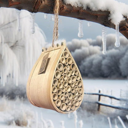 Pollinating Palace-Mason Bee House, Natural Hanging Wooden bee House Habitat with Bamboo Tubes for The Garden and Yard - WoodArtSupply