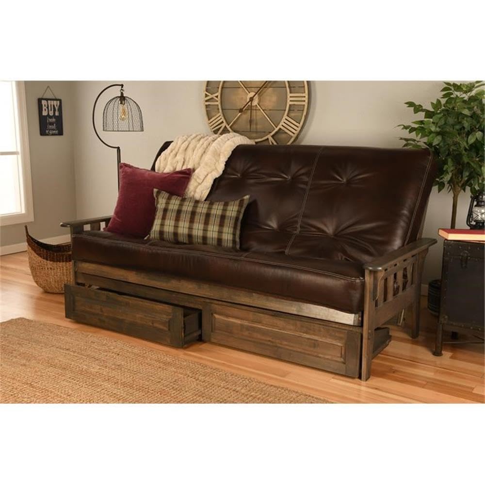 Kodiak Tucson Queen Futon Frame with Storage Drawers - Wood Futon Set with Mattress Included in Java Brown Faux Leather Mattress