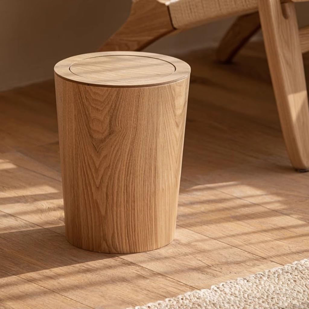MOOTEK Round Wood Trash Can with Lid, Japanese-Style Natural Wood Garbage Recycling Bin, Wood Waste Bin with Swing Lid, for Bathrooms, Powder Room, Kitchen, Home Office MOOTEK