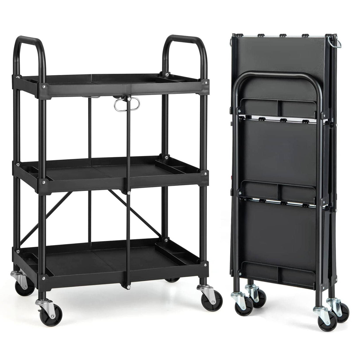 IRONMAX Folding Tool Cart on Wheels, Heavy Duty 3 Tier Foldable Utility Cart w/ 4 Universal Wheel & Compartments, Lightweight Collapsible Service IRONMAX