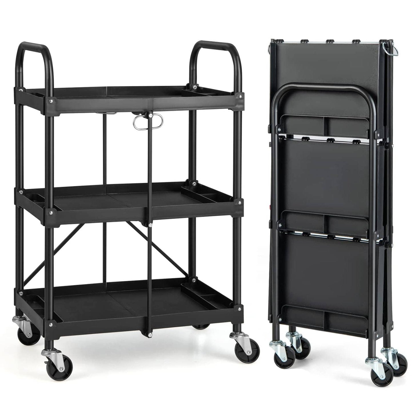 IRONMAX Folding Tool Cart on Wheels, Heavy Duty 3 Tier Foldable Utility Cart w/ 4 Universal Wheel & Compartments, Lightweight Collapsible Service - WoodArtSupply