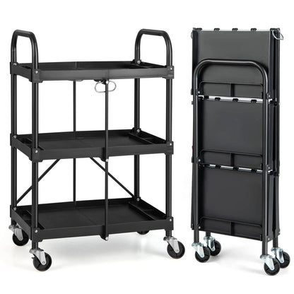 IRONMAX Folding Tool Cart on Wheels, Heavy Duty 3 Tier Foldable Utility Cart w/ 4 Universal Wheel & Compartments, Lightweight Collapsible Service - WoodArtSupply