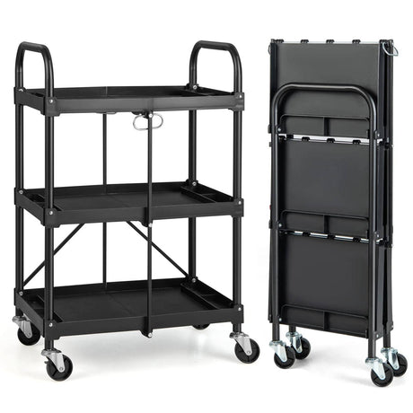 IRONMAX Folding Tool Cart on Wheels, Heavy Duty 3 Tier Foldable Utility Cart w/ 4 Universal Wheel & Compartments, Lightweight Collapsible Service IRONMAX