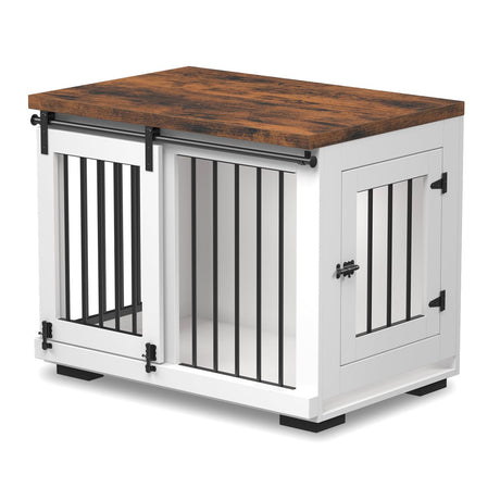 Zakkart Dog Crate Furniture Barn Door for Medium Dogs Up to 40 lbs. - Puppy Kennel w/Thickened Farmhouse Top & Steel Bars - 30'' Wide - White Decorative Modern Dog Crate Table, End Table, Nightstand Zakkart
