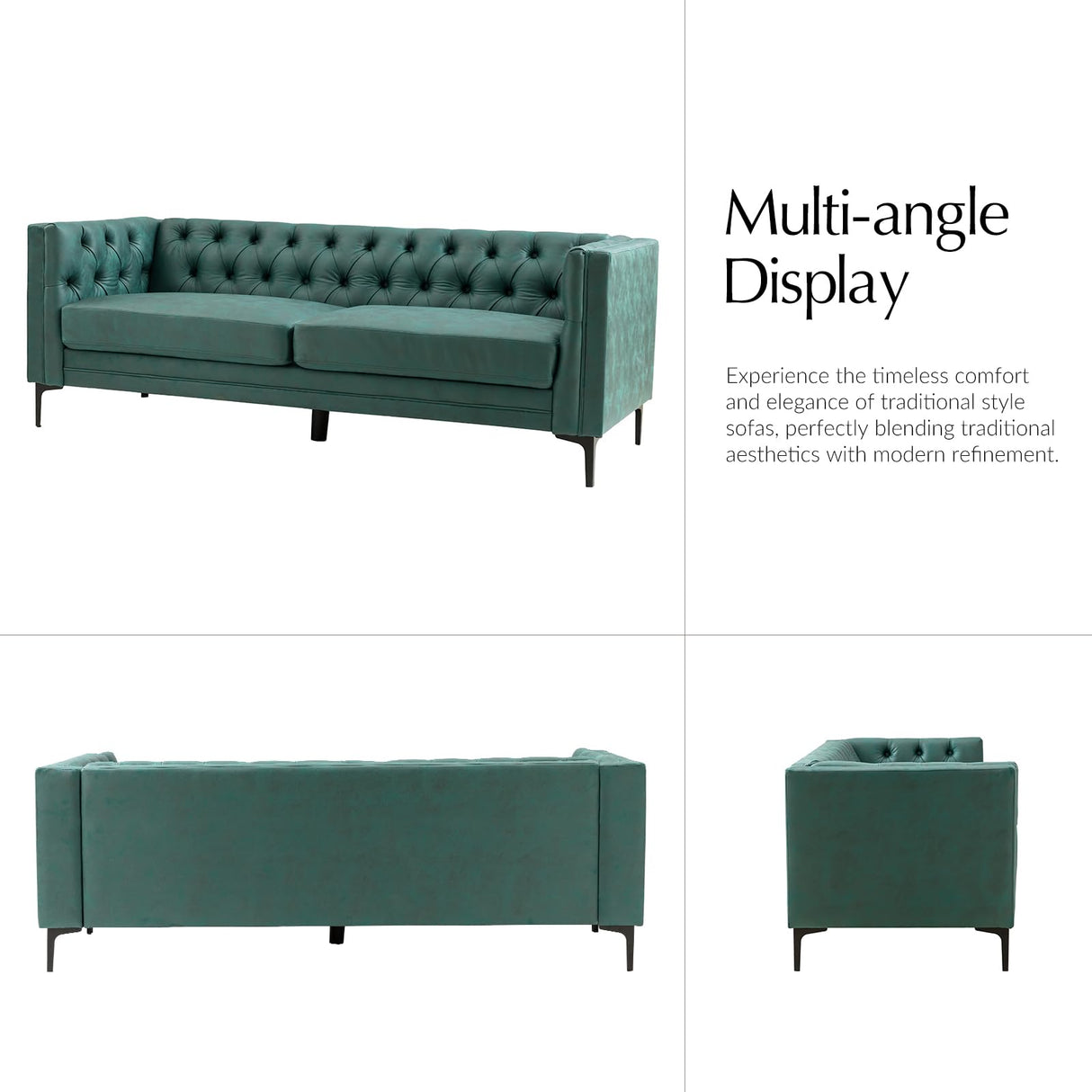 HULALA HOME 84" W Faux Leather Sofa Couch with Metal Legs, Button-Tufted 3-Seater Sofa, Mid Century Modern Contemporary Upholstered Couch for Living Room, Entertainment Area, Apartment,Green HULALA HOME