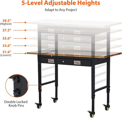 Workbench 60" x 22" Adjustable Height Worktable - Heavy Duty Rubber Wood Top with Drawer Storage, 2000 Lbs Capacity, Mobile Tool Storage Workstation with Power Outlets & Lockable Wheels