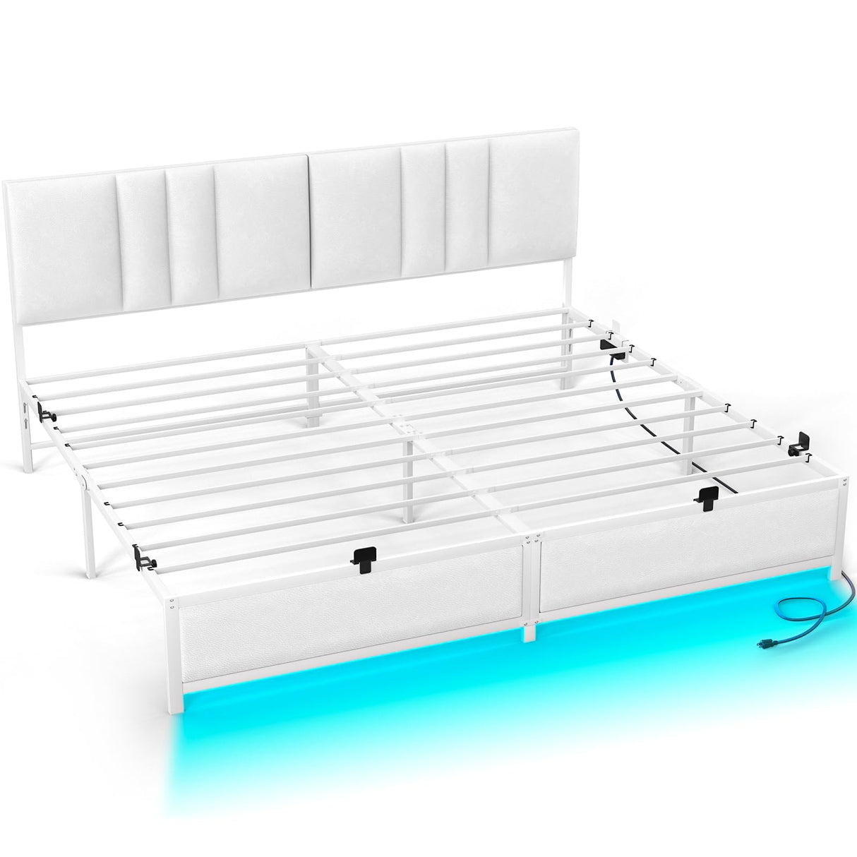 Cyclysio King Metal Bed Frame with Headboard, King Size Bed Frame with Charging Station and LED Lights, Height Adjustable PU Leather Headboard, Strong Metal Slats Support, No Box Spring Needed, White Cyclysio