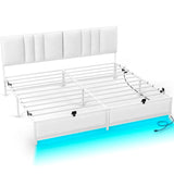 Cyclysio King Metal Bed Frame with Headboard, King Size Bed Frame with Charging Station and LED Lights, Height Adjustable PU Leather Headboard, Strong Metal Slats Support, No Box Spring Needed, White Cyclysio