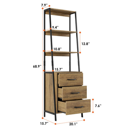 HITHOS 4-Tier Rustic Brown Ladder Bookshelf with 3 Wooden Drawers - WoodArtSupply