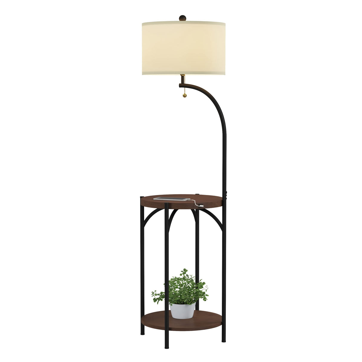 Lavish Home Floor Lamp with End Table - Modern Rustic Side Shelves with USB Charging Port, LED Light Bulb, and Drum-Shaped Shade - Standing Lights Lavish Home