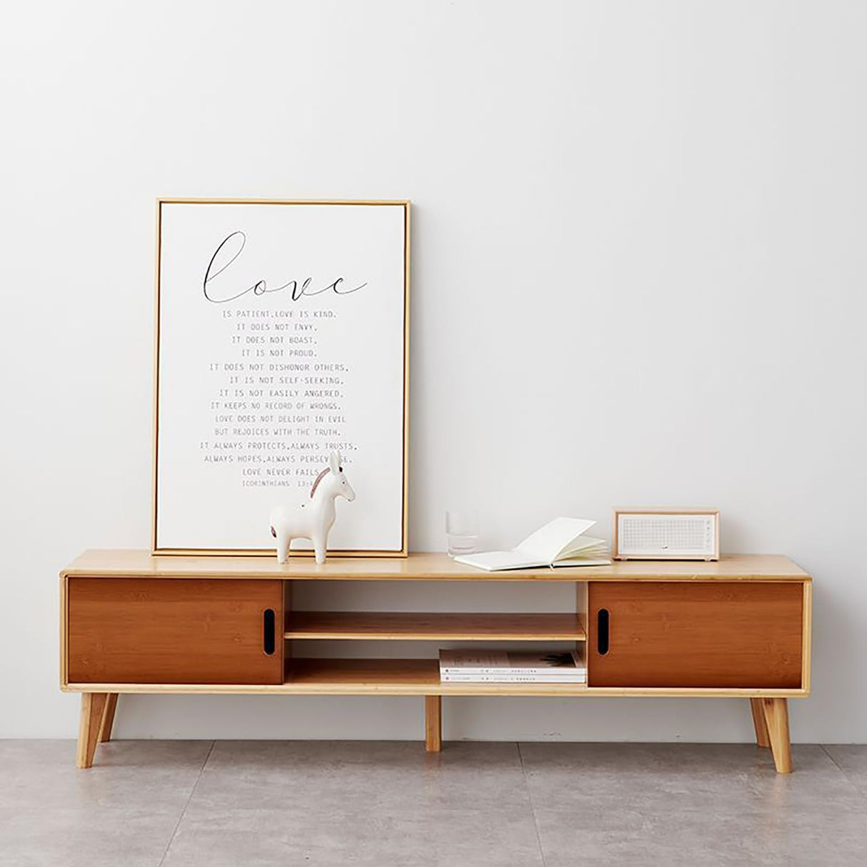 WOLWES TV Console Table Bamboo TV Cabinet Low Entertainment Center Narrow Media Console TV Stand for Living Room, Bedroom (Color : Brown, Size : 55.1in-no Drawer) WOLWES