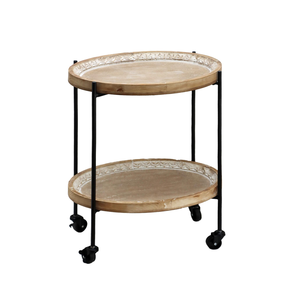 PARISLOFT Farmhouse End Table with Wheels, 2 Tier Side Table with Tray Top, Metal and Wood Rolling Coffee Table for Sofa, Kitchen, Living Room, Bedroom PARISLOFT