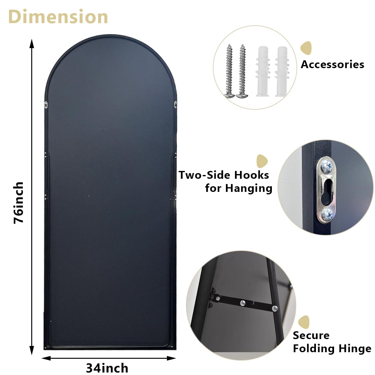 Easly Oversized Full-Body Mirror, 76" x 34" Arched Full-Length Mirror, Black Metal Frame, Floor Mirror for Bedroom, Living/Dressing Room, Gym - Stand/Wall Mounted/Leaning Mirror Easly