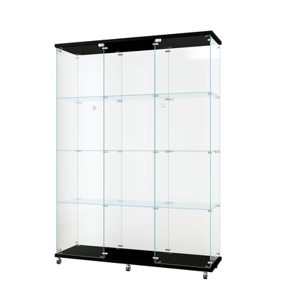 Henf Glass Display Cabinet with 4 Shelves&Wheels,Extra Large Double Doors Curio Cabinets with Lock Floor Standing Display Case Display Case for Living Room,47.71" W x 14.37" D x 66.53" H,Black