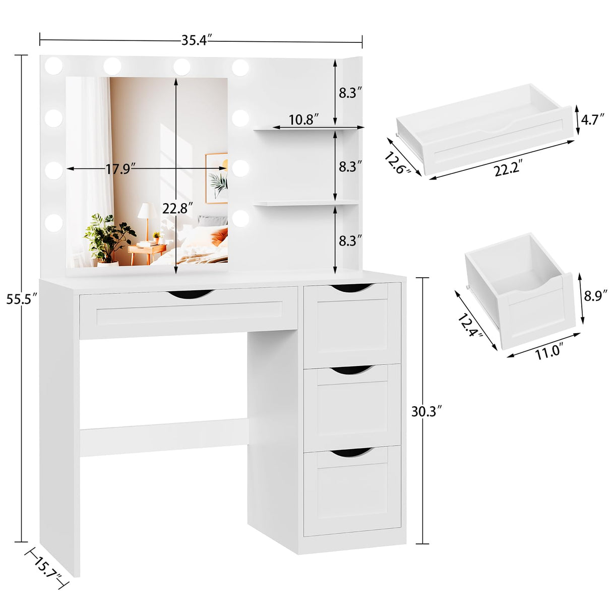 usikey Makeup Vanity Desk with Mirror and 10 LED Lights, Makeup Vanity Table with 4 Drawers, Vanity Desk Dressing Table with 2 Storage Shelves, 3 Color Modes Adjustable Brightness for Bedroom,White usikey