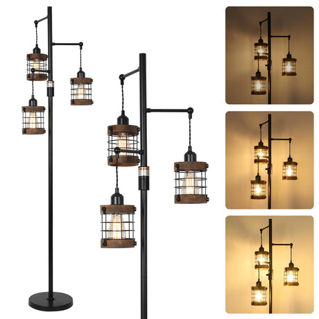 Airposta Dimmable Floor Lamps for Living Room, 3-Light Industrial Floor Lamp with Wood & Metal Cage, Farmhouse Standing Lamp Tall Tree Lamp for Bedroom Office, Rustic Black Tall Floor Lamp for Corner Airposta