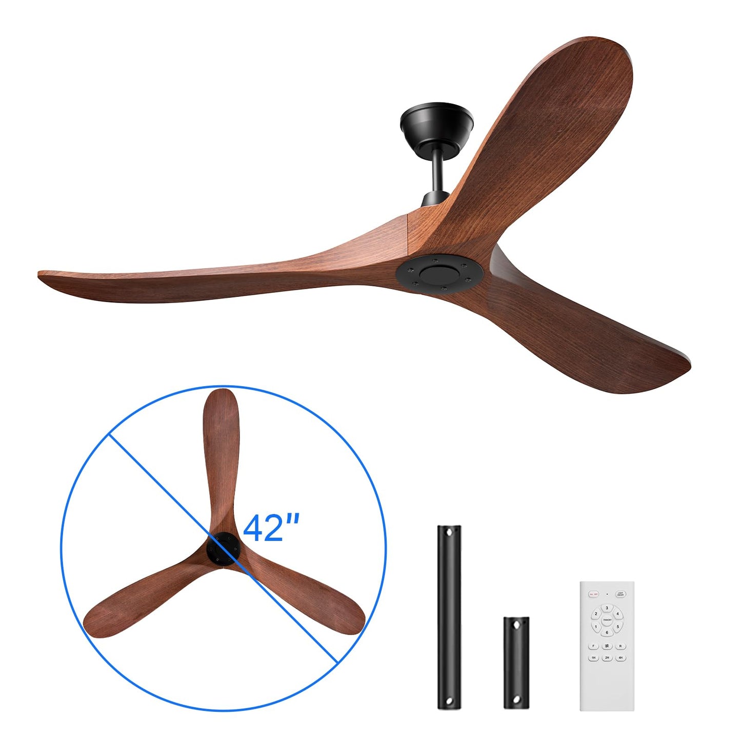 Obabala Ceiling Fans without Lights,42 inch Ceiling Fan with Remote Control Outdoor/Indoor Ceiling Fan 6-Speed Noiseless DC Motor Wood Blades - Dark Walnut