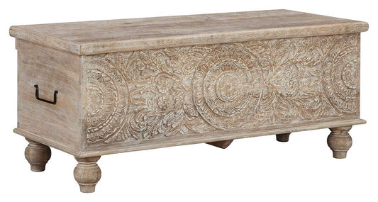 Signature Design by Ashley Fossile Ridge Boho Carved Wood Storage Bench with Hinge Top, Beige - WoodArtSupply