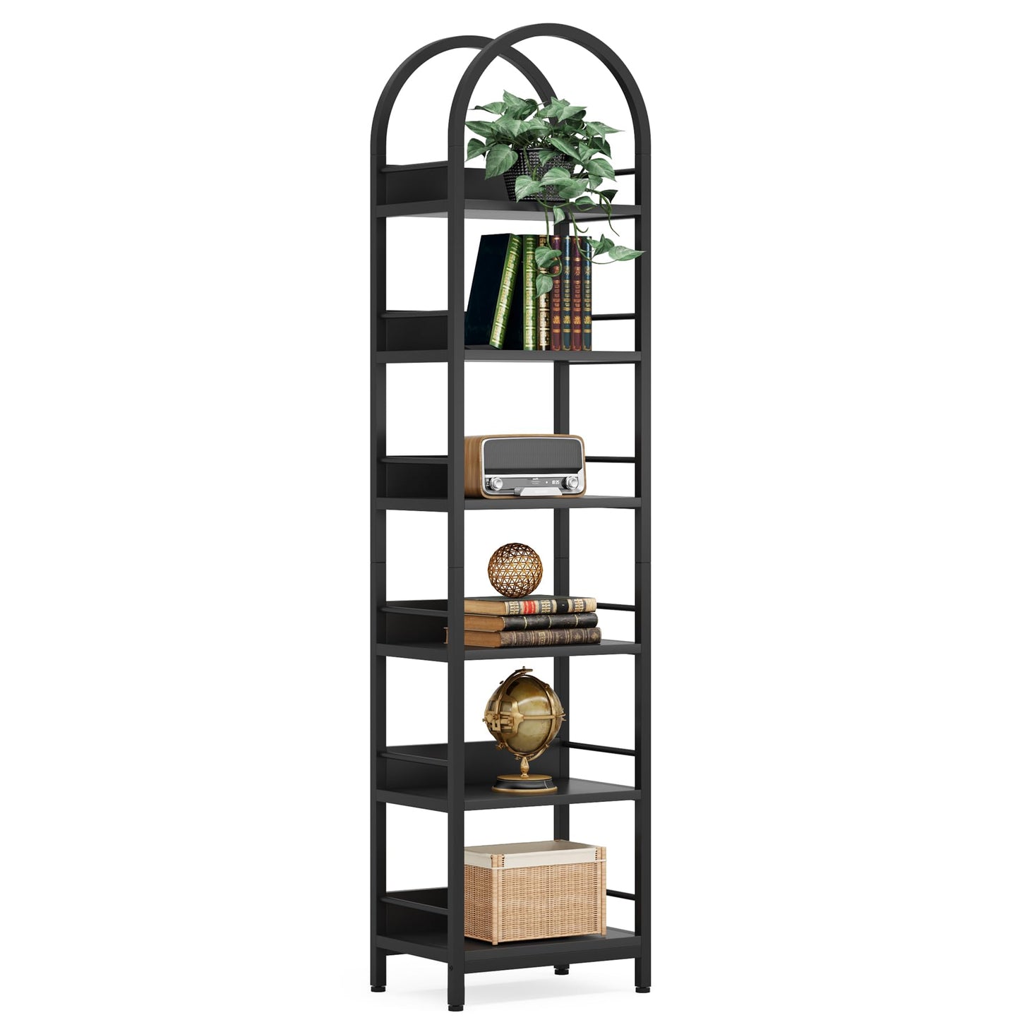 Tribesigns 78.7" Arched Industrial Wood 6-Tier Bookshelf with Metal Frame - Black Storage Organizer - WoodArtSupply