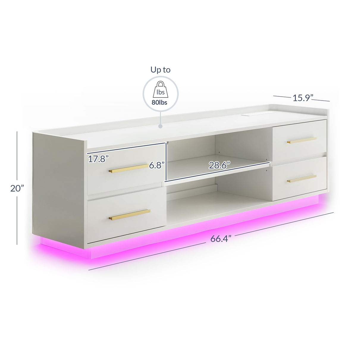 BELLEZE 66" TV Stand for TVs Up to 75", LED Light Entertainment Center with Power Outlet, 4 Drawers and 2-Tier Open Shelves TV Cabinet, TV Console for Living Room, Bedroom - Corrigan (White) BELLEZE