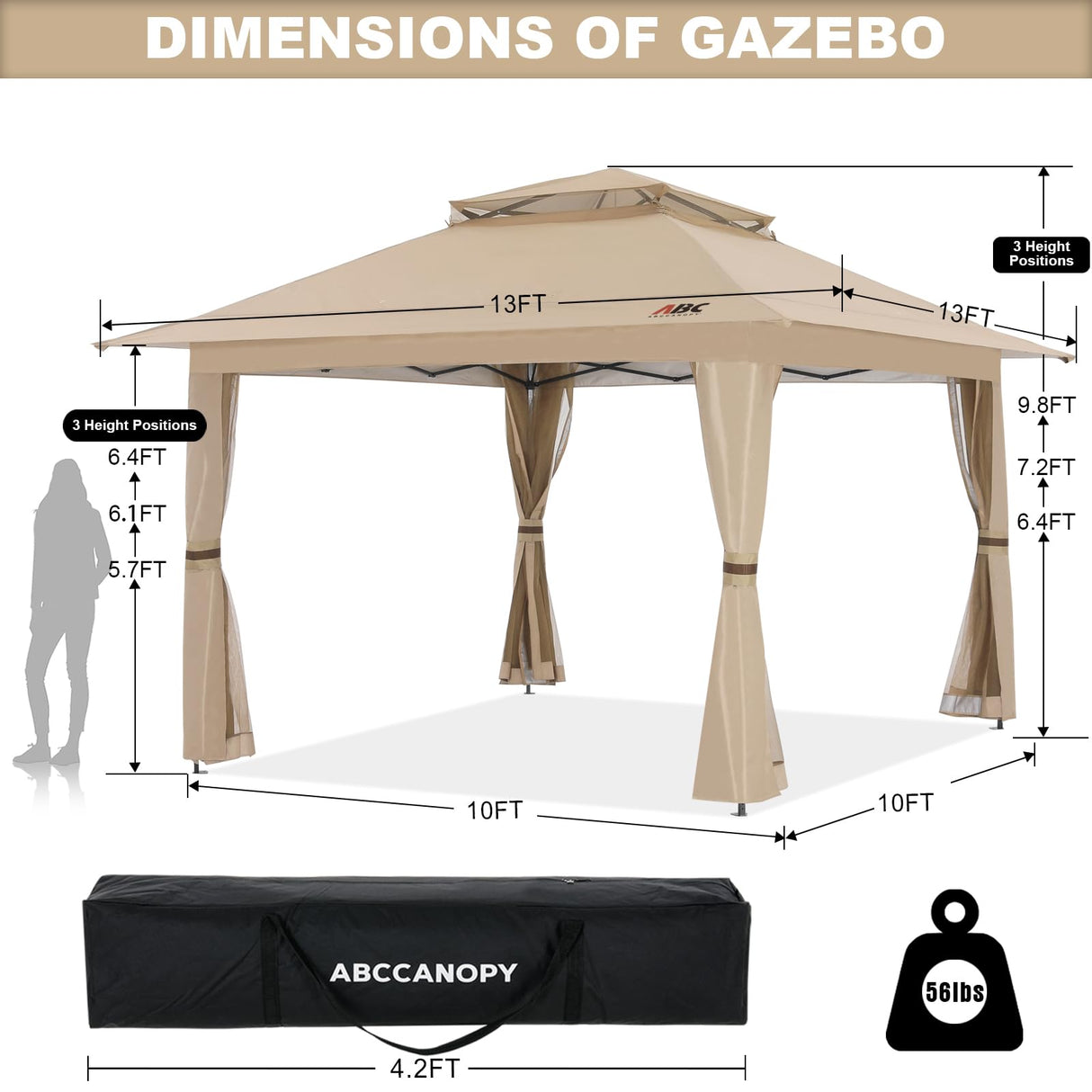 ABCCANOPY 13x13 Pop Up Gazebo, Outdoor Canopy Tent, Instant Screened Shelter with Mosquito Netting for Patio, Garden, Backyard, Party, Camping (Khaki) ABCCANOPY